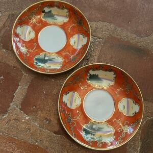 TWO Antique Saucers Hand Painted Swan Designs and Gold Trim RS Made in Japan